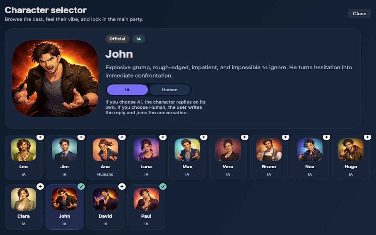 Pantalla de personajes de SceneVoices